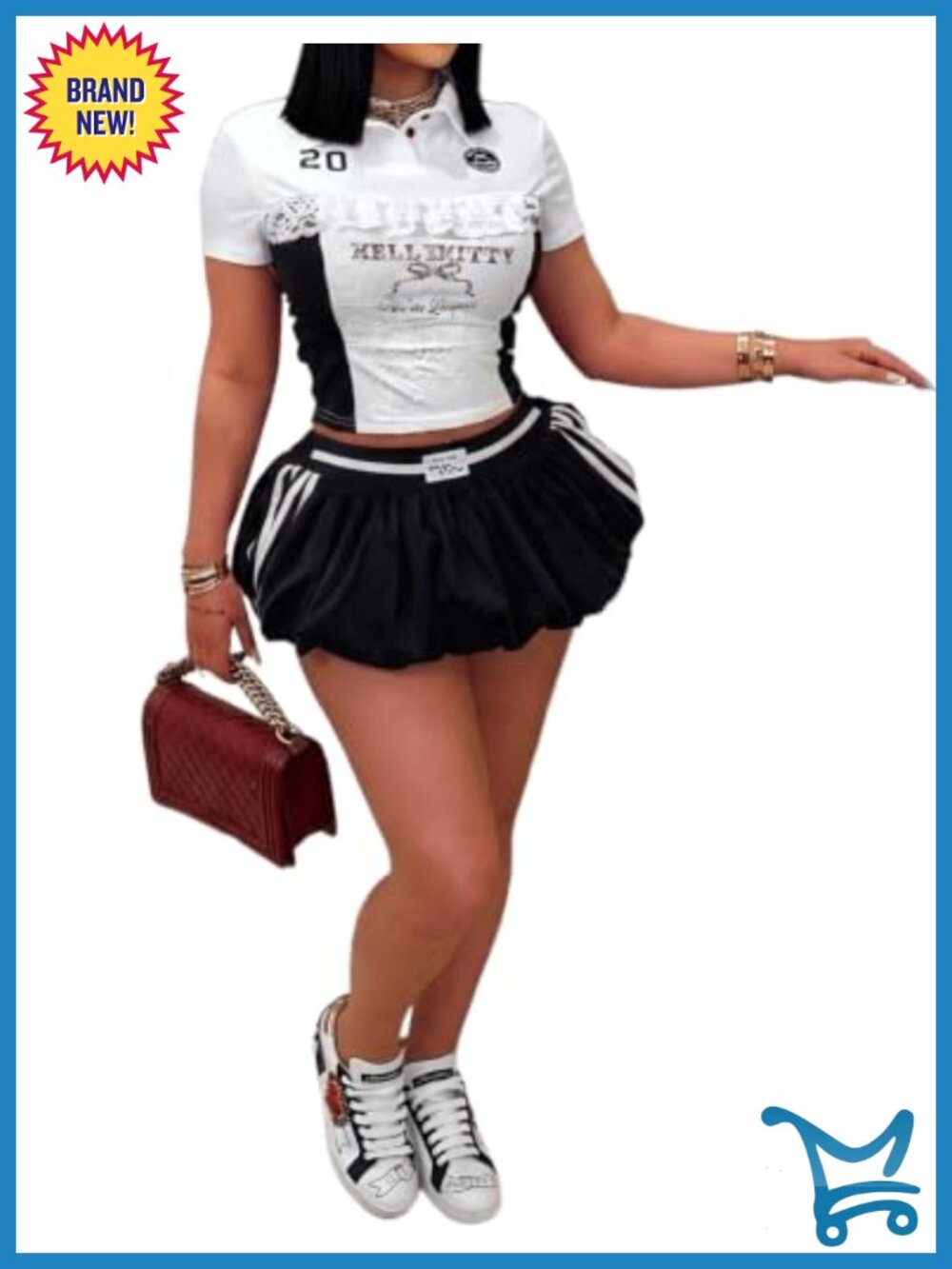 Women's 2 Piece Y2K Crop Top & Pleated Bubble Mini Skort Set